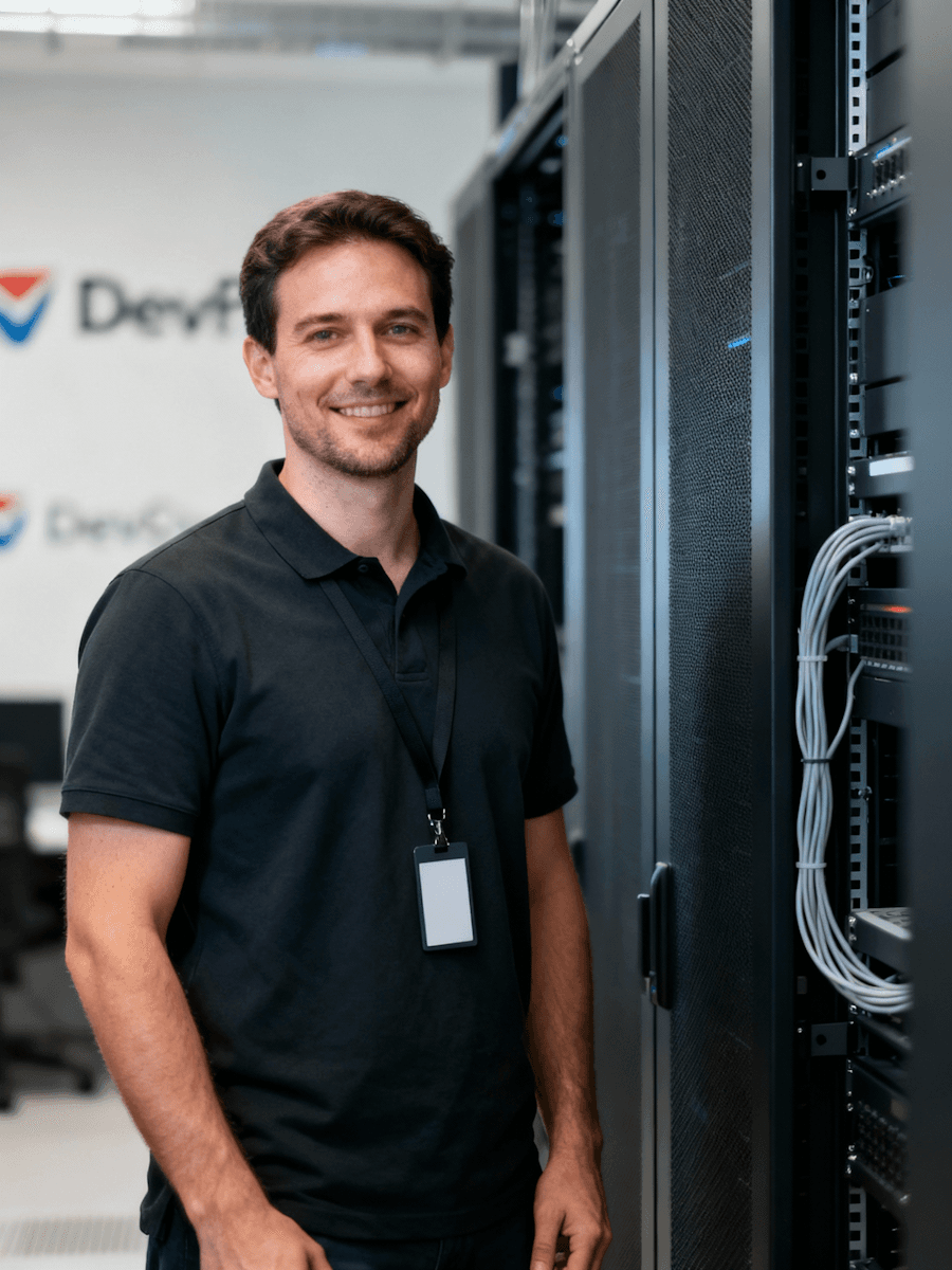 Engineer standing in a data center aisle